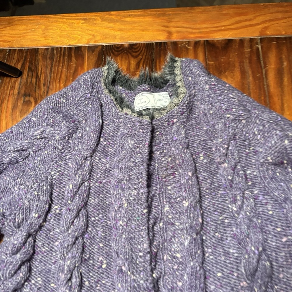 Muir & Osborne Handmade Pure Wool Purple Floral Cable Knit Open Sweater Vtg - Picture 5 of 10